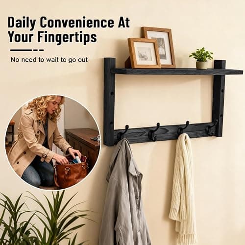 28-Inch Wood Wall Mounted Coat Rack with Shelf, 7 Hooks, 3 Key Holder | All-in-one entryway organizer featuring a top wood shelf, mail holder, 7 sturdy coat hooks, and 3 key hangers for home thumbnail 5