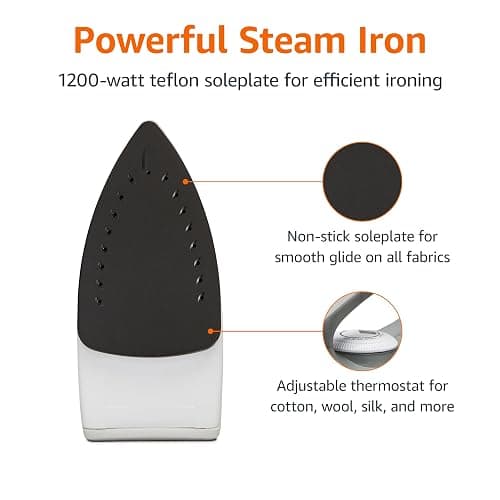 Amazon Basics 1200W 10” Steam Iron, With Non-Stick Teflon Soleplate, 5 Fl Oz Water Tank (150 ML), Auto Shut-Off, Anti-Drip, Anti-Calcification, Thermostat, 6.5Ft Cord, Gray thumbnail 4