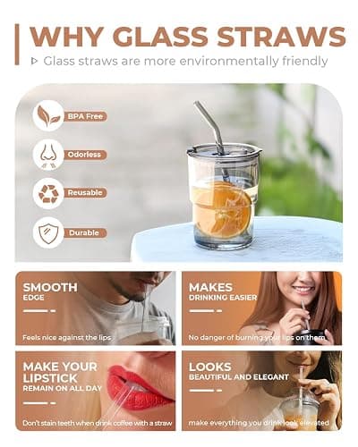 Foogwee® 20 Packs Reusable Glass Straws Set, 8.5'' x 10mm Clear Drinking Straws for Smoothies, Shakes, Coffee, Juice, Sodas, Milk, Tea, Cocktails, Set of 8 Straight and 8 Bent with 4 Cleaning Brushes thumbnail 5