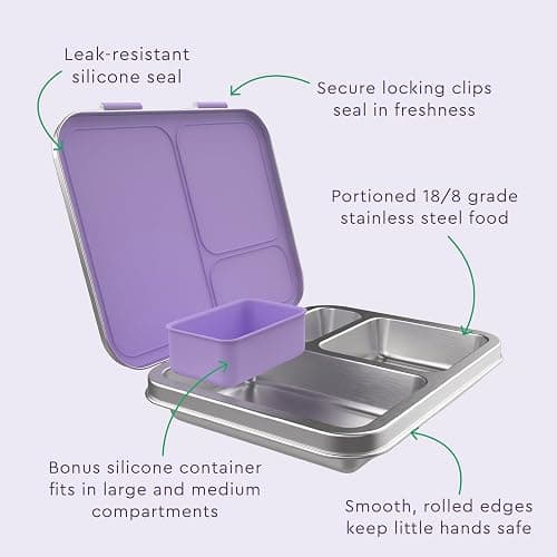 Bentgo Kids Stainless Steel Prints Leak-Resistant Lunch Box - 3-Compartments with Bonus Silicone Container, Durable, Eco-Friendly, Dishwasher Safe, BPA-Free, Ideal for School, Ages 3+ (Unicorn) thumbnail 7