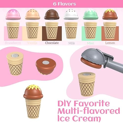 Wooden Ice Cream Set for Kids, 49 PCS Wooden Role Play Ice Cream Counter Shop Playset, Play Food Sets for Kids Kitchen, Pretend Play Toys, Imaginative Toys Gift for 3 4 5 Year Old Girls Boys thumbnail 5