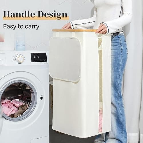 Laundry Hamper with Lid, 100L Large Laundry Basket, Clothes Hamper with Clear Window Visible, Removeable Laundry Bags for Bathroom Bedroom Home, Toy Organizer, Laundry Room - 01 beige thumbnail 4
