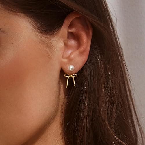 Risamil 14K Gold Plated/Silver Earrings for Women Trendy, Dainty Bow Earrings for Women Cute Pearl Huggie Earring Hoops Twist Rope Bow Stud Pearl Dangle Cubic Zirconia Earrings Jewelry Gifts thumbnail 4