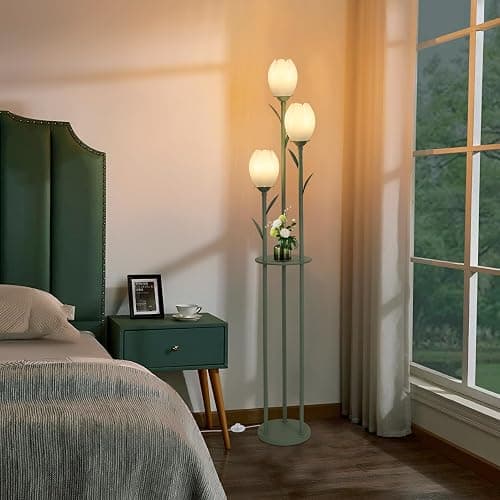 3-Light Flower Floor Lamps for Living Room, Green Floor Lamp with Shelves, Unique Tulip Standing Lamp with 3 LED Blubs, Cute Floral Tall Lamp, Modern Stand Up Light Decor for Bedroom, Kids Room thumbnail 8