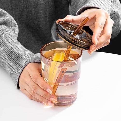 BLUEPOLAR 13oz/400ml Tumbler Water Glass, Cups with Straw and Lid Sealed Carry on for Coffee, Iced Tea, Thick Wall Insulated Glass Cup (Amber)… thumbnail 7