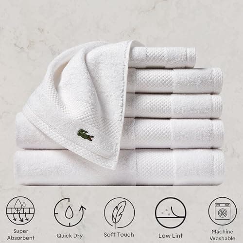 Lacoste Heritage Supima Cotton 6-Piece Towel Set, 2 Bath Towels, 2 Hand Towels, 2 Washcloths, White – Highly Absorbent & Quick Drying, Bathroom Essential, Machine Washable thumbnail 5