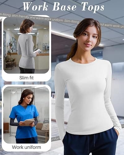 Xaatren 4 Pack Women's Underscrub Shirts Long Sleeve Nurse Cotton Blend Crewneck Slim Fit Tops Soft Stretchy Basic Tee thumbnail 5