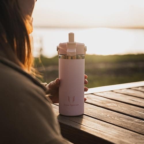 Sparrow Trinkflasche Edelstahl 500ml - Weiter Öffnung SwivelSip Thermosflasche mit Strohhalm - BPA-frei, Auslaufsicher Trinkflaschen - Thermoskanne für Kinder, Sport, Reisen, Outdoor thumbnail 5