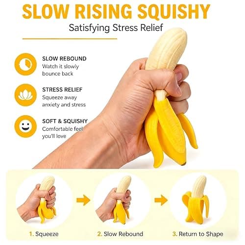 2Pcs Squishies Banana Stress Balls Squeeze Toys, Banana Squishies for Stress Relief Stres, Simulation Bananas Fruit Fidget Toys, Suitable for Halloween, Birthday Gifts, Suitable Ages 18 Up thumbnail 4