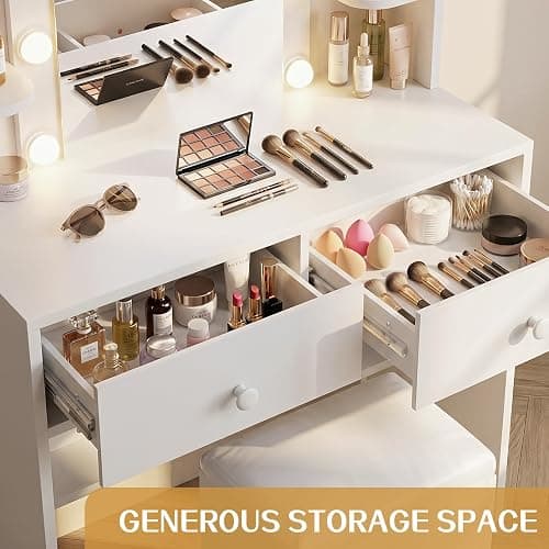 FUXA Makeup Vanity Desk with LED Mirror and Charging Station, Vanity Table Set with Storage Drawers, Shelves and Chair, Dressing Table with 3 Lighting Modes for Bedroom, White thumbnail 6