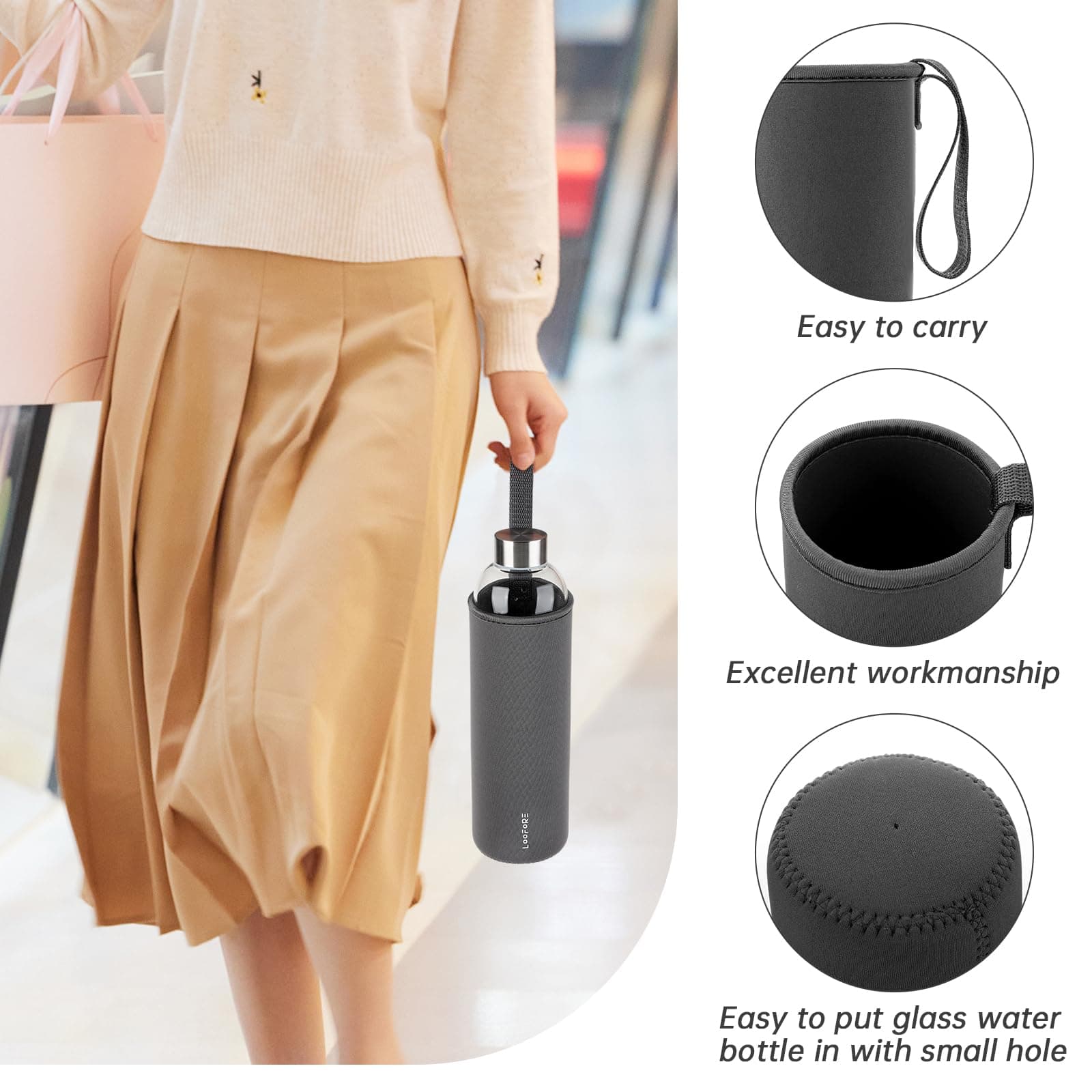 1L/1000ml Classic Glass Drinking Bottle, Portable, BPA Free, On The Go Sports Bottle, Glass, Water Bottle For Carrying Cold Hot Drinks With Neoprene Bag And Sponge Brush thumbnail 6