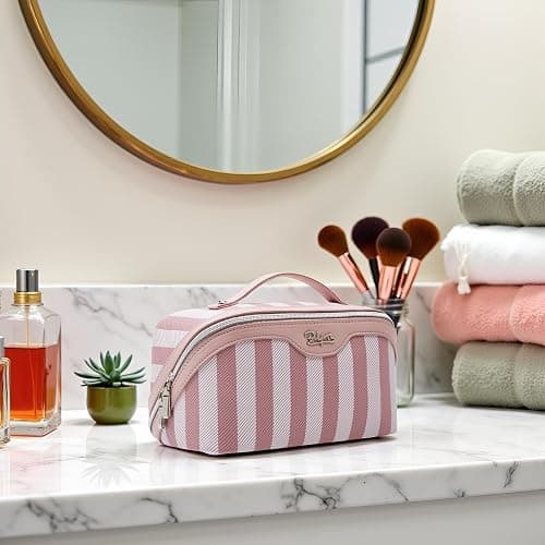BOYATU Travel Makeup Bag for Women: Large Cosmetic Bag Set of 3 - PU Leather Make up Bag with Compartments - Compact Waterproof Toiletry Bag with Divider & Handle (B-1-Pink) thumbnail 8