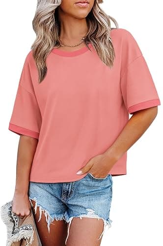 WIHOLL Womens T Shirts Loose Fit Short Half Sleeve Crew Neck Oversized Tshirts Color Block Summer Tops Fashion 2026 - Image 1