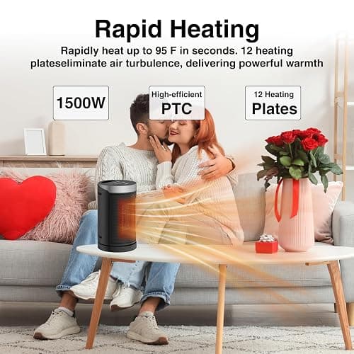 Space Heater, WINHL Small Portable Electric Heaters for Indoor Use with Thermostat and Remote, 70°Oscillation, 12H Timer, 5 Modes, 1500W PTC Ceramic Fast Safety Heat for Office Bedroom Home thumbnail 6