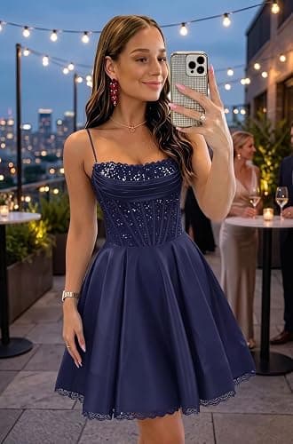 Promworld Sparkly Sequin Homecoming Dress for Teens 2026 Spaghetti Straps Satin Cocktail Party Gown Scoop Neck Mini Gown thumbnail 5