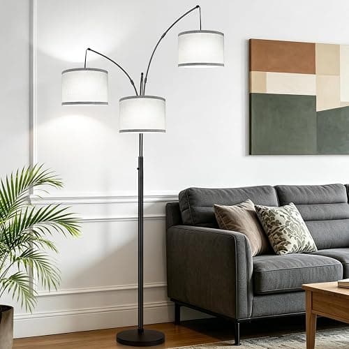 Dimmable Floor Lamp, 3 Lights Black Arc Floor Lamp, Modern Tall Standing Tree Lamp with Grey Linen Shades & Heavy Base, 3000LM LED Bulbs, Bright Lighting for Living Room, Bedroom, Office & Reading thumbnail 6