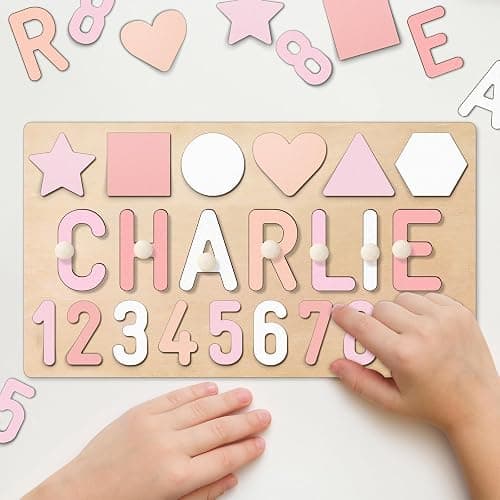 Personalized Name Puzzle for Kids, Custom Wooden Name Puzzles for Toddlers 1-3, 1st Birthday Gifts Girl Boy, Alphabet Number Puzzle with Engraved Text on Back, Baby Learning Toys thumbnail 4