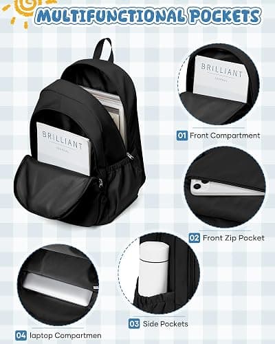 winspansy Backpack for School Teenage Girls Boys,Waterproof Lightweight School Bags Travel Daypack Simple Cute College Backpack Rucksack for Women Men fit 14 Inch Laptop,Black thumbnail 6
