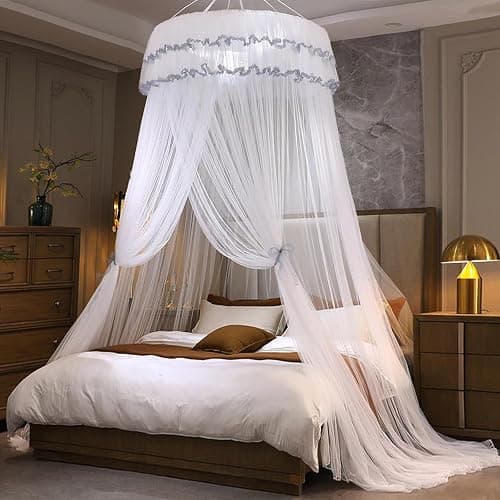 Kertnic Mosquito Net Bed Canopy for Girls, Princess Canopy Bed Curtain Fine Sheer Mesh Dome Bed Canopies, Girls & Adults Lace Tent for Twin Full Queen King Bed (White) - Image 1