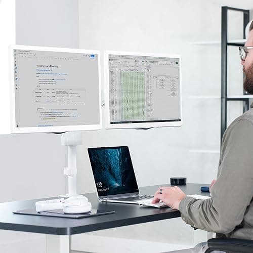 VIVO Dual Monitor Arm Mount for 17 to 32 inch Screens - Pneumatic Height Adjustment, Full Articulating Tilt, Swivel, Heavy Duty VESA Stand with Desk C-clamp and Grommet Option, White, STAND-V002KW thumbnail 8