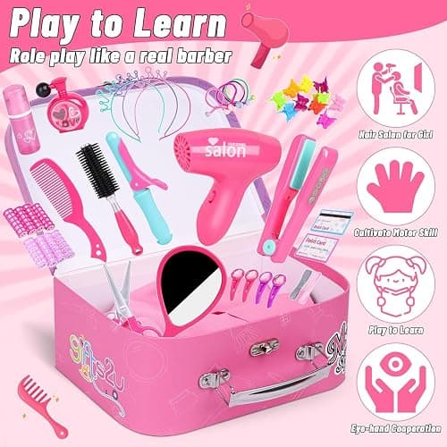 Gifts2U Hair Salon Toys for Girls, Girl Beauty Salon Playset Pretend Hair Styling Set with Blow Dryer, Barber Costume Apron, Scissors Styling Manu, Fake Money and Functional Stylist Accessories. thumbnail 3