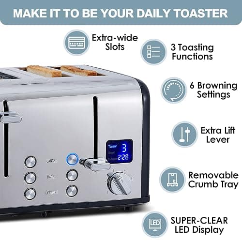 CUSIMAX 4 Slice Stainless Steel Toaster with Digital Display, Black | LED Display with Countdown Timer, 6 Browning Levels, Bagel/Defrost/Cancel, Dual Independent Controls, 1.5" Extra Wide Slots thumbnail 4