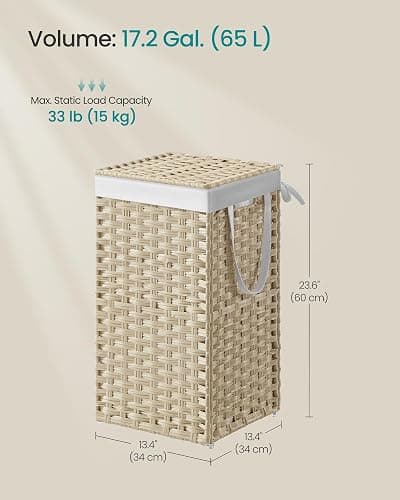 SONGMICS Laundry Hamper with Lid, 17.2 Gallon (65L) Synthetic Rattan Clothes Laundry Basket with Lid and Handles, Foldable, Removable Liner, Summer Sand ULCB165LZ01 thumbnail 6