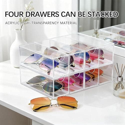 chunhai 2 Pack Sunglasses Organizer, Acrylic Eyeglass Case Clear Eyeglass Holder Eyewear Display Case with 4 Drawers for Women and Men, Jewelry Watch Storage thumbnail 5
