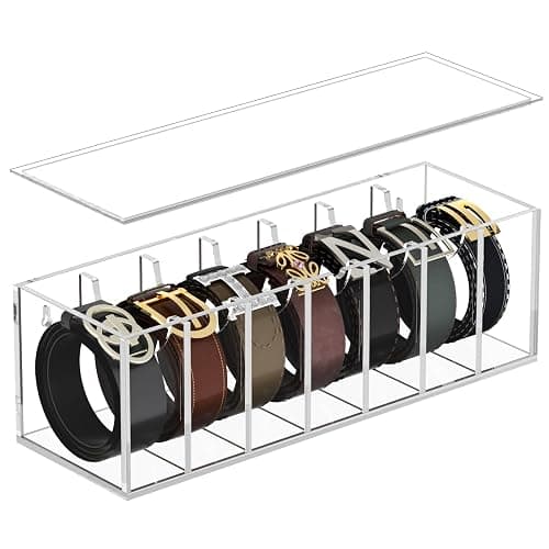 FEMELI Belt Organizer, Acrylic Belt Storage for Closet with Dust Cover, 7 Compartments Belt Container Display Holder for Drawer, Clear Belt Tie Case for Women Men Home - Image 1