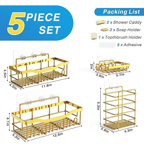Shower Caddy 5 Pack,Adhesive Shower Organizer for Bathroom Storage&Home Decor&Kitchen,No Drilling,Large Capacity,Rustproof Stainless Steel Bathroom Organizer,Shower Shelves for Inside Shower-Larger thumbnail 2