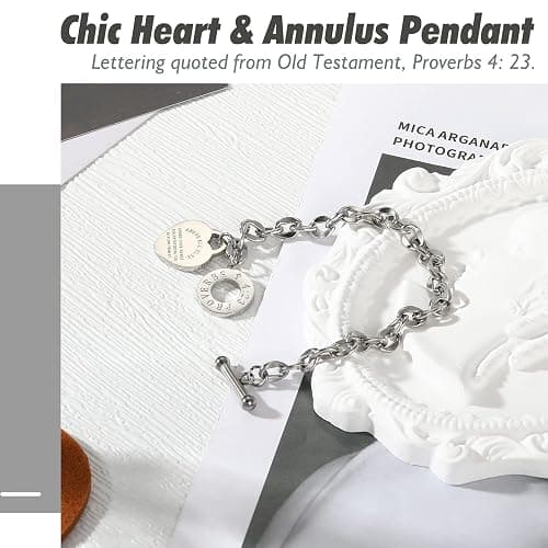 Emibele Heart Charm Bracelet for Women, Bible Verse Bracelet Stainless Steel 18K Gold Plated Bracelet Love Pendant Link Chain OT Clasp, Birthday Christmas Jewelry Gift for Mother Her thumbnail 3
