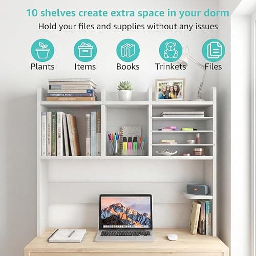 NUTIKAS Desktop Bookshelf for Computer Desk - 36" Desk Hutch Organizer with 4-Tier Paper Tray, Tabletop Storage Rack for College Dorm Room Essentials, Home Office Shelving, White thumbnail 6