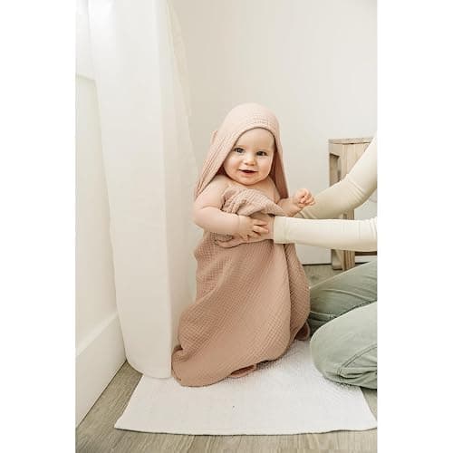Konssy 2-Pack Muslin Hooded Baby Towels, 100% Cotton, Ultra-Soft & Absorbent Baby Bath Towels with Hood for Newborn & Infant (Camel, Sun,30" x 30") thumbnail 6