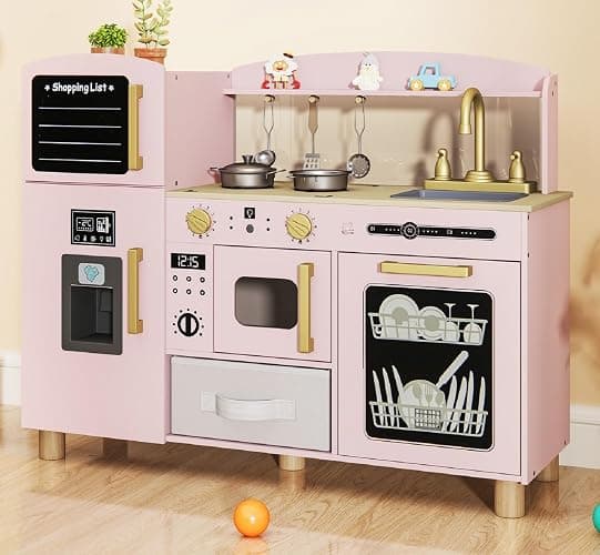 INFANS Kids Kitchen Playset, Toddler Wooden Pretend Cooking Toy Set with Acrylic Drawing Board Ice Machine Dishwasher Cloth Drawer Stove Removable Sink Simulation Play Kitchen for Boys Girls - Image 1