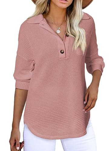 Astylish Women Waffle Knit Tops Henley Shirts Long Sleeve V Neck Solid Color Casual Tunic thumbnail 3