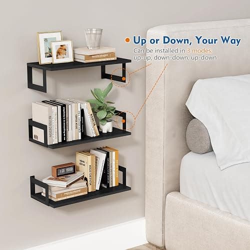 Harwaya Wall Mounted Bookshelf, Floating Bookshelves for Bedroom, 17 Inches Long Wall Mount Book Shelves for Living Room Office Books, Black Wall Book Holder Bookcase (Set of 3) thumbnail 6