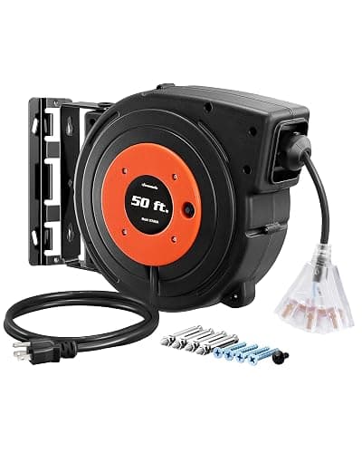 DEWENWILS Retractable Extension Cord Reel, 50 FT Heavy Duty Power Cord, 14AWG/3C SJTOW, 3 Grounded Outlets Lighted Triple Tap, 13 Amp Circuit Breaker, UL Listed - Image 1