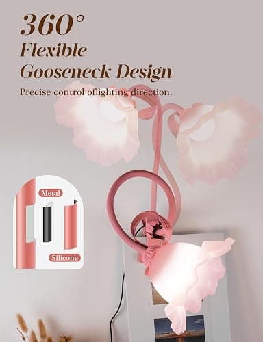 Flower Clip On Desk Lamp for Home and Dorm - Cute Floral Clip On Bedside Book Reading Light, Pink Flower Bunk Bed Lighting, Kawaii Led Flexible Gooseneck Table Lamp for Headboard with Clamp thumbnail 4