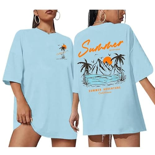 KEEVICI Beach California T Shirts Oversized Beachy Graphic Tees for Women Vintage Shirts Baggy Summer Cotton Vacation Tops - Image 1