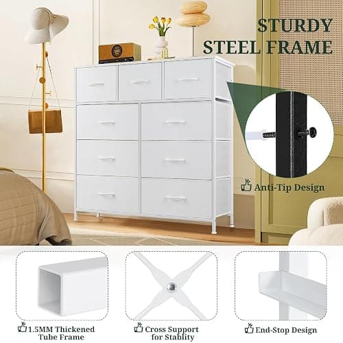 9-Drawer Dresser for Bedroom, Anti-Tip Tall Storage Organizer Chest of Drawers with Wooden Top and Metal Frame Fabric Bins for Closet, Living Room, Hallway, Entryway, White thumbnail 4