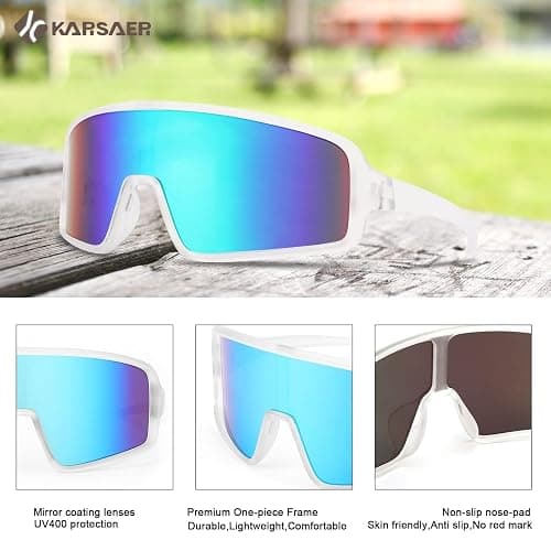 Karsaer Vision Sports Sunglasses Cycling Glasses Baseball Softball Sunglasses Unisex for Adult Youth Kids Boys Girls 8-16 - White Frame Blue Mirror Lenses thumbnail 4