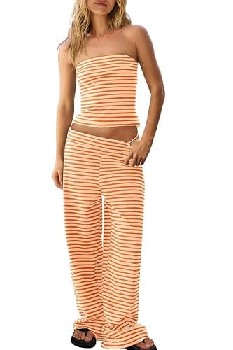 Panadila Womens Striped Two Piece Sets Summer Lounge Outfits Sailor Tube Top and Pants Matching Set Beach Vacation Travel Y2k - Image 1