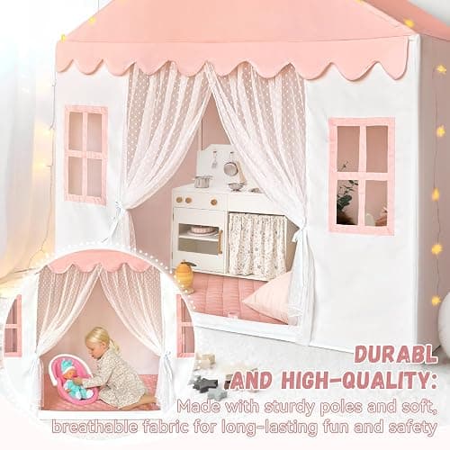 Kids Play Tent with Mat, Princess Castle Playhouse Play Tent for Kids Indoor, Girls Play Tent Play House for Birthday Toy House Gift (Pink) thumbnail 4