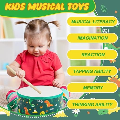 Boao 1 PC Kids Drum Set, 8 Inch Toddler Drum Wooden Toy with Adjustable Strap and 2 Drumsticks, Educational Sensory Musical Instrument for Toddlers Kid Baby Boys Girls Gift(Dinosaur) thumbnail 5