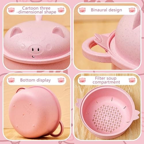 Romooa 1 Set Large 45oz Cute Ramen Bowl Set Microwavable Pig Ramen Noodle Cooker Wheat Straw Bowl with Strainer Lid Spoon Chopsticks Fork Back to School Gift for Dorm College (Pink) thumbnail 4