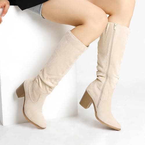 DREAM PAIRS Women's Knee-High Boots, Comfortable Chunky Block Heel Pointed Toe Pull On Side Zipper Suede Slouch Riding Boots thumbnail 9
