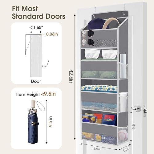 SpaceHacks 1 Pack Over The Door Organizer, Hanging Storage Organizer with Clear Window, 40lb Ultra Sturdy Large Capacity Room Organizer for Pantry Laundry Bathroom Nursery Closet Baby Essential (Grey) thumbnail 2