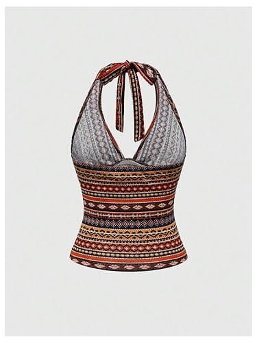 Milumia Women's Boho Printed Deep V Neck Halter Top Vintage Tie Backless Hippie Knit Tops thumbnail 2