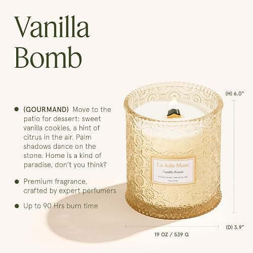 LA JOLIE MUSE Vanilla Bomb Candle| Vanilla, Lemon Zest & Patchouli |19 oz Large Wooden Wick | Natural Soy Wax | 90 Hours Clean Burn | Gift-Ready for Hosts | Seasonal Home Décor thumbnail 5