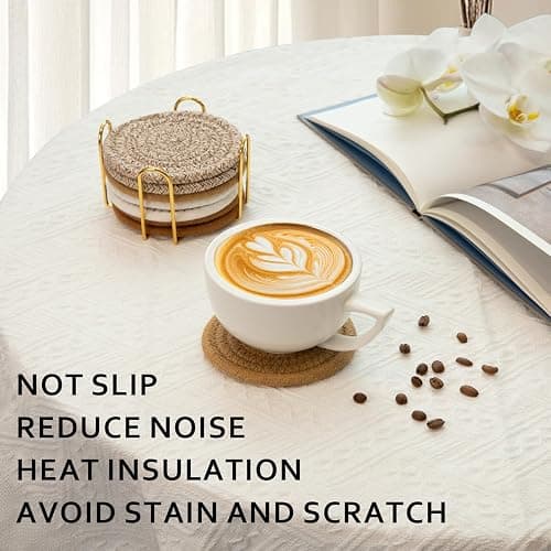 OIAHOMY 8 Pcs Coasters with Holder, Coasters for Drinks, Woven Cotton Absorbent Coaster Set for Kinds of Cups, Housewarming Gifts for Home Decor -Yellow thumbnail 7